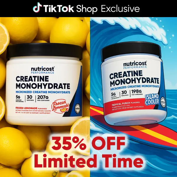 Nutricost Micronized Creatine Monohydrate Powder featuring Frozen Lemonade and Island Cooler
