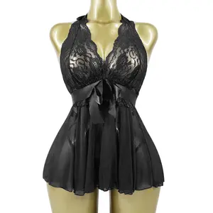 Women's Translucent Lace V Neck Nightgown, Sexy Breathable Tie-Neck Teddy Bodysuit Backless Pajamas Sleepwear, Night Dress & Underwear Panty Thong Boudoir Lingerie for Women, Honeymoon, Wedding, Sweet, Birthday, Date Night Outfits, Valentine's Day Gift