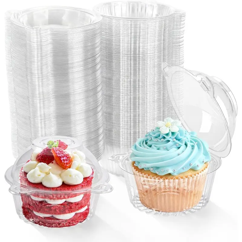 50-Pack Clear Plastic Cupcake Boxes, Individual Small Cake Containers with Dome Lids, Stackable Muffin Storage for Wedding Party Desserts