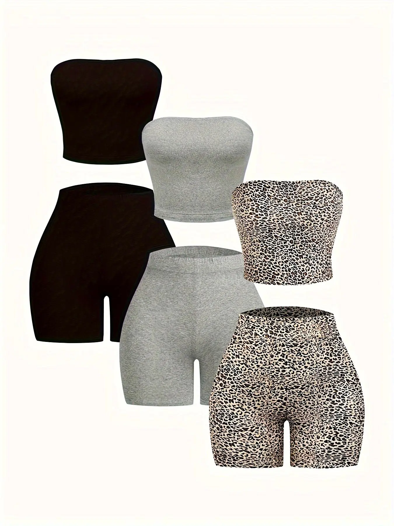 Women's Solid & Leopard Crop Tube Top & Shorts Matching Set, Casual Chic Sleeveless Top & Skinny Shorts, Ladies Summer Clothes Outfit Slim
