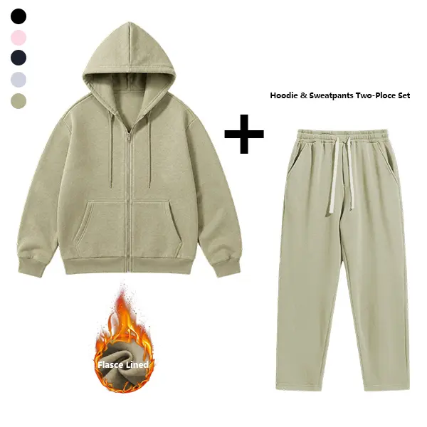 Men’s full-zip hooded sports tracksuit set with zippered pockets; men’s running sweatpants set featuring a zip-up hoodie and straight-leg long joggers—solid color, loose two-piece set, back-to-school outfit, autumn menswear. 2 piece mens.