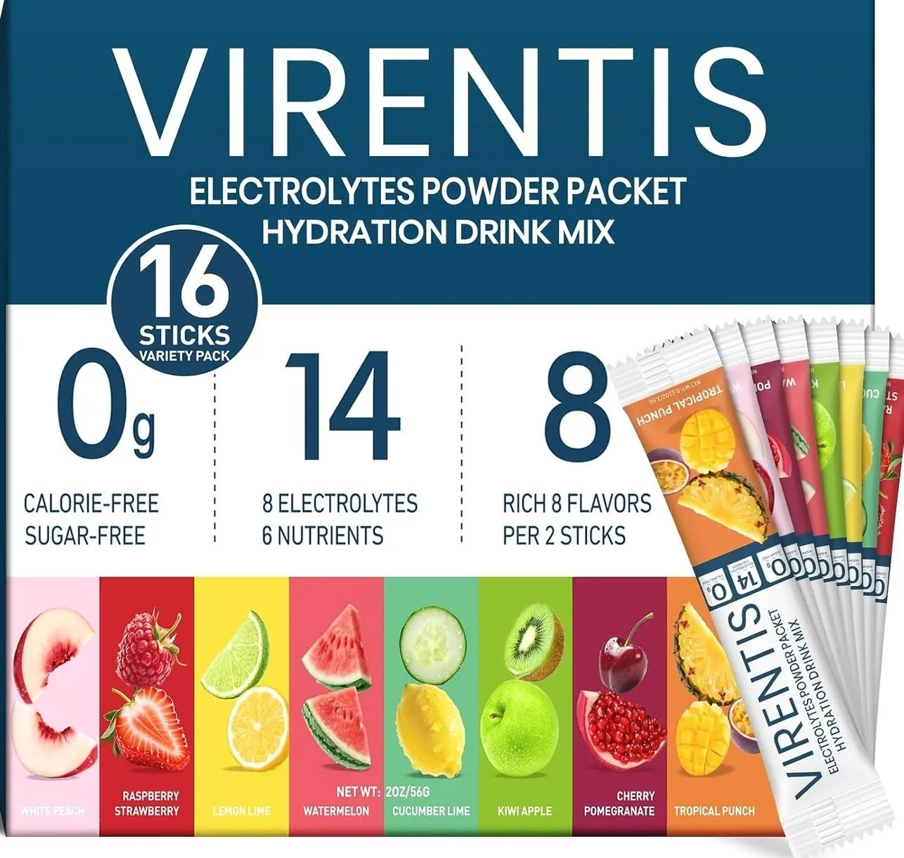 16 Sticks Electrolytes Powder Packets Sugar Free Hydration Packets, 8 Flavors Liquid Daily IV Electrolyte Drink Mix for Rehydration with 8 Electrolytes & 6 Vitamins, 0 Calorie, Low Sodium