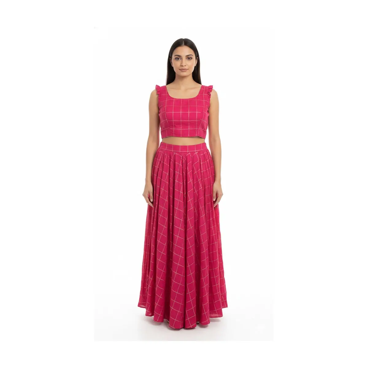 #K18 Fuchsia Pink Lehenga Skirt & Crop Top Set with Metallic Check Pattern