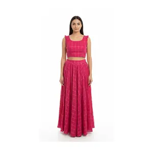 #K18 Fuchsia Pink Lehenga Skirt & Crop Top Set with Metallic Check Pattern