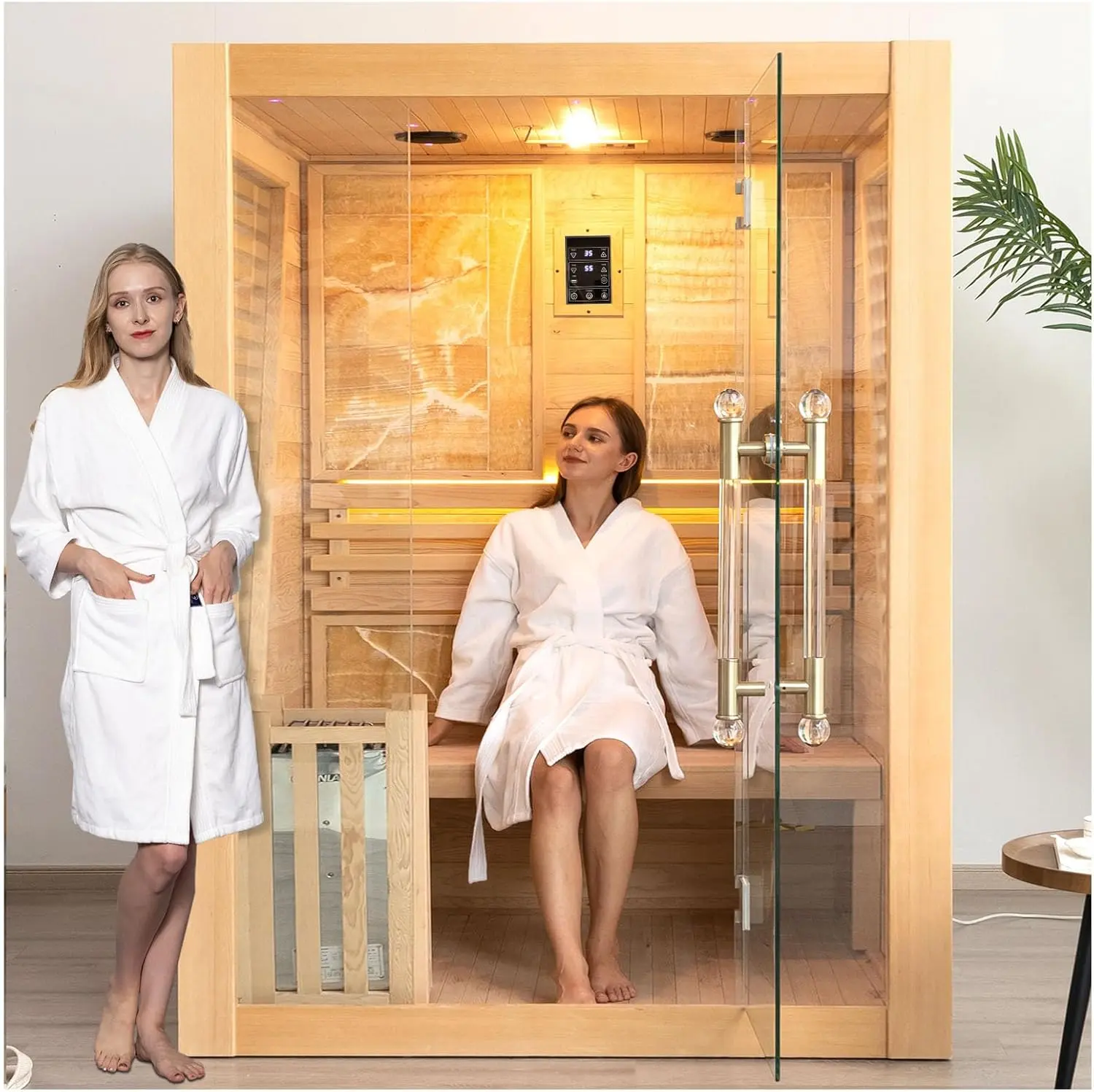 Smartmak 3 Person Traditional Steam Sauna, Luxurious Canadian Hemlock Wood Indoor Spa Room, 3.5kw Harvia Stove with Volcanic Rocks, Bluetooth Music Speakers, Light,Wooden Bucket, Scoop, US Instock