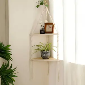 Macramé Corner Wall Shelf – 2-Tier Boho Floating Shelf with Wood Accents| Plant & Storage Display for Bedroom, Bathroom, Living Room