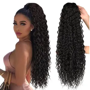 Long curl Wavy wave pull rope ponytail Extension Clip Wave synthetic wig piece Pull rope ponytail hair piece Women's ponytail extension, black 30 inch