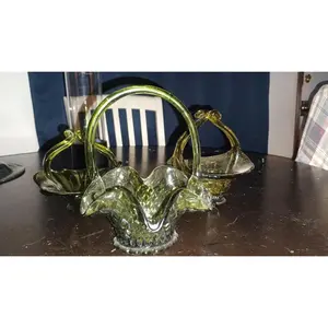 Green Fenton Glass Basket Ruffled Edges With Handles (Lot Of 3 Pieces)