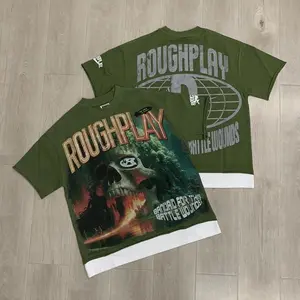 Real Photo Original Label Patchwork ROUGHPLAY T-shirt American Streetwear Print Hot Drill Letter Tops Men Women Short Sleeve tag