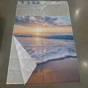 1PC/4PCS 2D Flat Printing Golden Beach with Waves and Sunrise Patterned Ocean shower curtain, home bathroom decor, shower essentials, shower curtain set with 12 hooks, non-slip bathroom rug, U-shaped toilet seat cover, toilet seat mat.