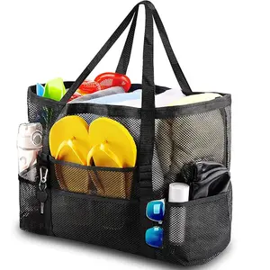 Multi-Pocket Mesh Beach Tote Bag, Large Capacity Breathable Net Shoulder Bag with 8 Pockets for Beach, Pool, Grocery & Travel