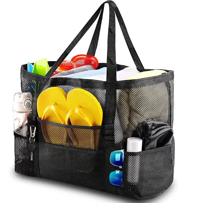 Multi-Pocket Mesh Beach Tote Bag, Large Capacity Breathable Net Shoulder Bag with 8 Pockets for Beach, Pool, Grocery & Travel