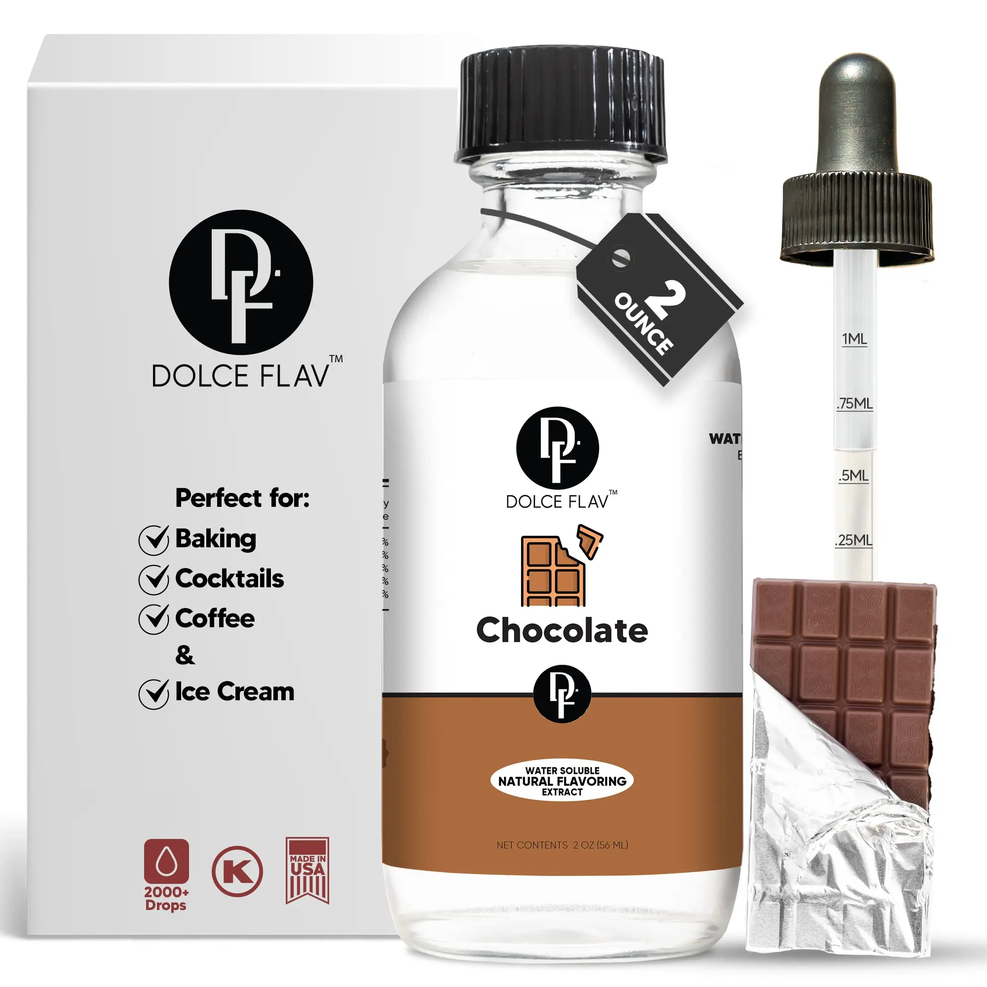 Dolce Flav Natural Chocolate Extract 2 Ounce Sugar-Free Kosher Certified Gluten-Free Rich Cocoa Flavor for Baking Cocktails Coffee & Ice Cream Made in USA - Beverage