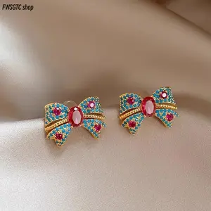 Vintage Minimalist Bow Stud Earrings, Blue Synthetic Zirconia Inlaid Jewelry. Luxury Versatile Ear Accessories for Women, Chic Daily Wear Pieces, Thoughtful Gift for Girlfriend for Dates & Holiday Celebrations