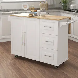 White Kitchen Island with Built-in Spice Rack, Towel Rack, and Extensible Solid Wood Tabletop, Extensible Tabletop