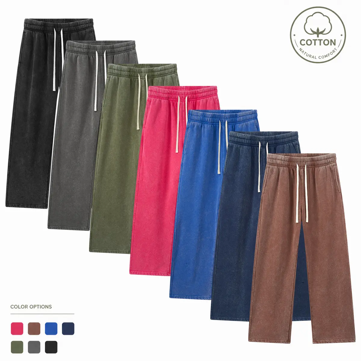 Women’s heavyweight snowflake cotton straight-leg sweatpants, vintage washed distressed look, elastic waistband with drawstring, relaxed fit with a fluid drape, casual streetwear pants, available in multiple colors