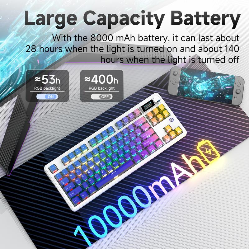 Ajazz MK87 PRO Wireless Gaming Mechanical Keyboard, Wireless/Wired/Bluetooth, ideal for gaming, computing, and office use, gaming setup,compatible with Windows/Mac/PC.