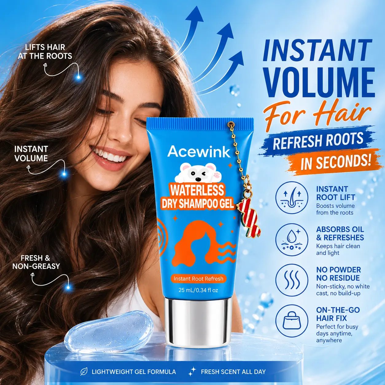 Acewink Waterless Dry Shampoo Gel - Lightweight No-Rinse Leave-In Shampoo for Oily Hair, Instant Root Refresh, Gym & Travel-Friendly Hair Care