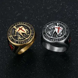 New Hiphop Men's Titanium Steel Gold-plated Ring Retro Templar Red Cross Shield Rin