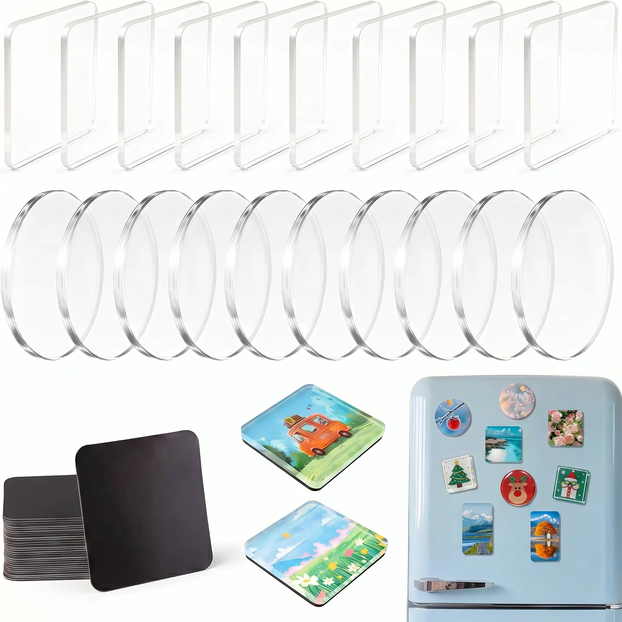 10 Pack 2"x2" Clear Acrylic DIY Fridge Magnets Set with Adhesive Backing – Round and Square Magnetic Photo Frames for Crafts, Kitchen, Classroom, Party & Office Decoration