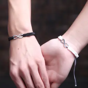2PC/Set Stainless Steel 8 Infinity Couple Bracelet Braided Leather Rope Bangle Wrist Adjustable Chain Fit 7-9 Inch for Lover Friendship