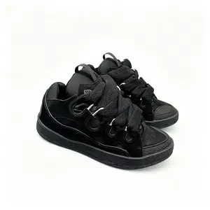 All Black Chunky Lace-Up Skate Sneakers Streetwear Black Platform Bread Shoes Gothic All-Black Low-Top Casual Sneakers Men Women Thick Sole Urban Street Shoes All-Black Hypebeast Style Skateboard Shoes Comfortable Black Chunky Sneakers for