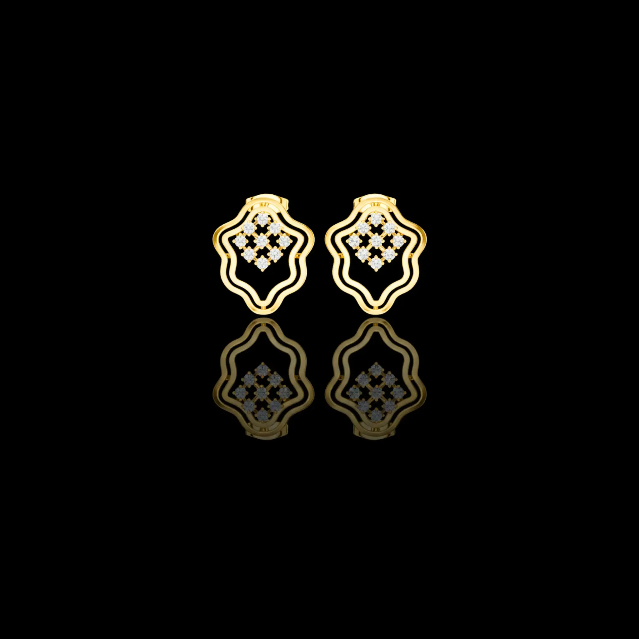 Moroccan Lattice Round Brilliant Cut Diamond Stud Earrings Scalloped Openwork