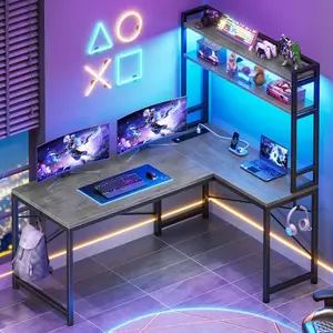 Sikaic 45.3 inches LED Reversible L Shaped Gaming Desk with Hutch Power Outlet Storage Shelves and Hooks Furniture Table Modern Ergonomic Computer Monitor Stand Dual Monitor Stand
