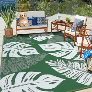 Patio Rugs Outdoor 9x12 Waterproof Reversible Plastic Straw Camping Carpet, Large Tropical Palm Leaves Print Rv Rug for Picnic Backyard Deck Balcony Porch Beach Trailer, Green White