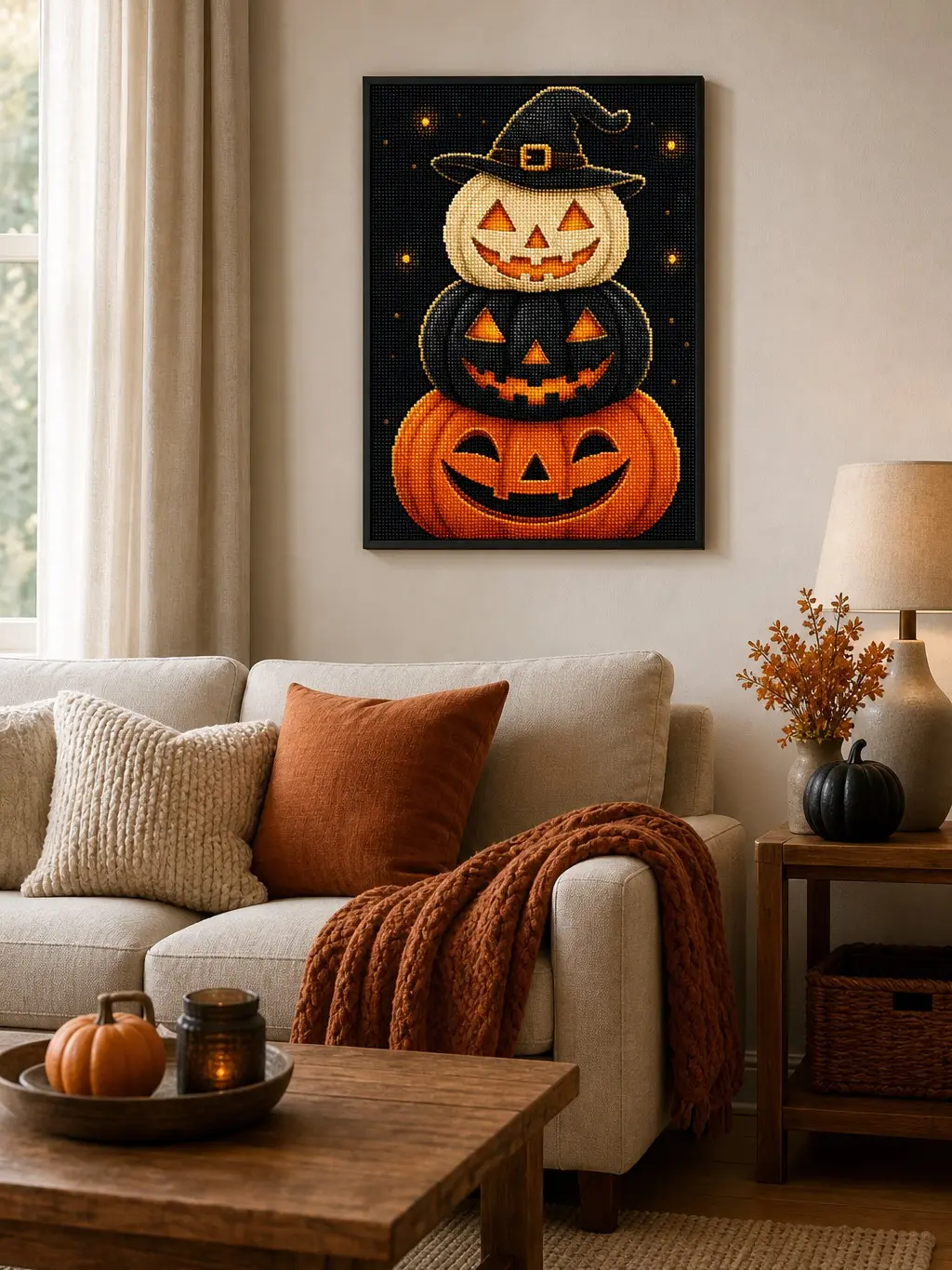 Halloween Craft Kit for Adults and Beginners, Sparkling Stacked Pumpkin Diamond Painting, Full Drill Unframed Canvas for Cozy Fall Decor, 11.8in x 15.7in（30 x 40 cm）