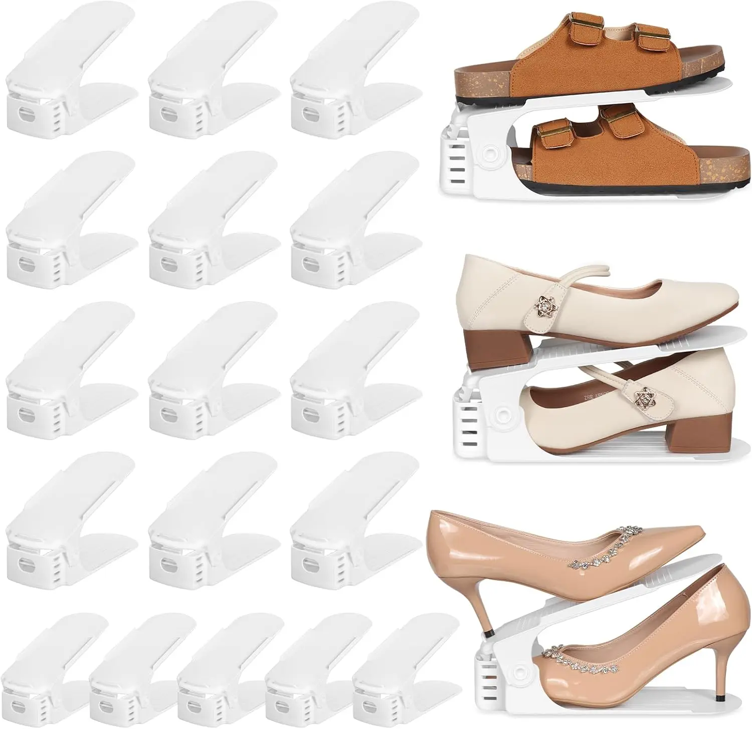 20 Pack Shoe Slots Organizer Shoe Stacker for a Pair of Shoes 4 Levels Adjustable 50% Shoe Space Saver Double Layer Shoe Rack Organizer for Closet (White)