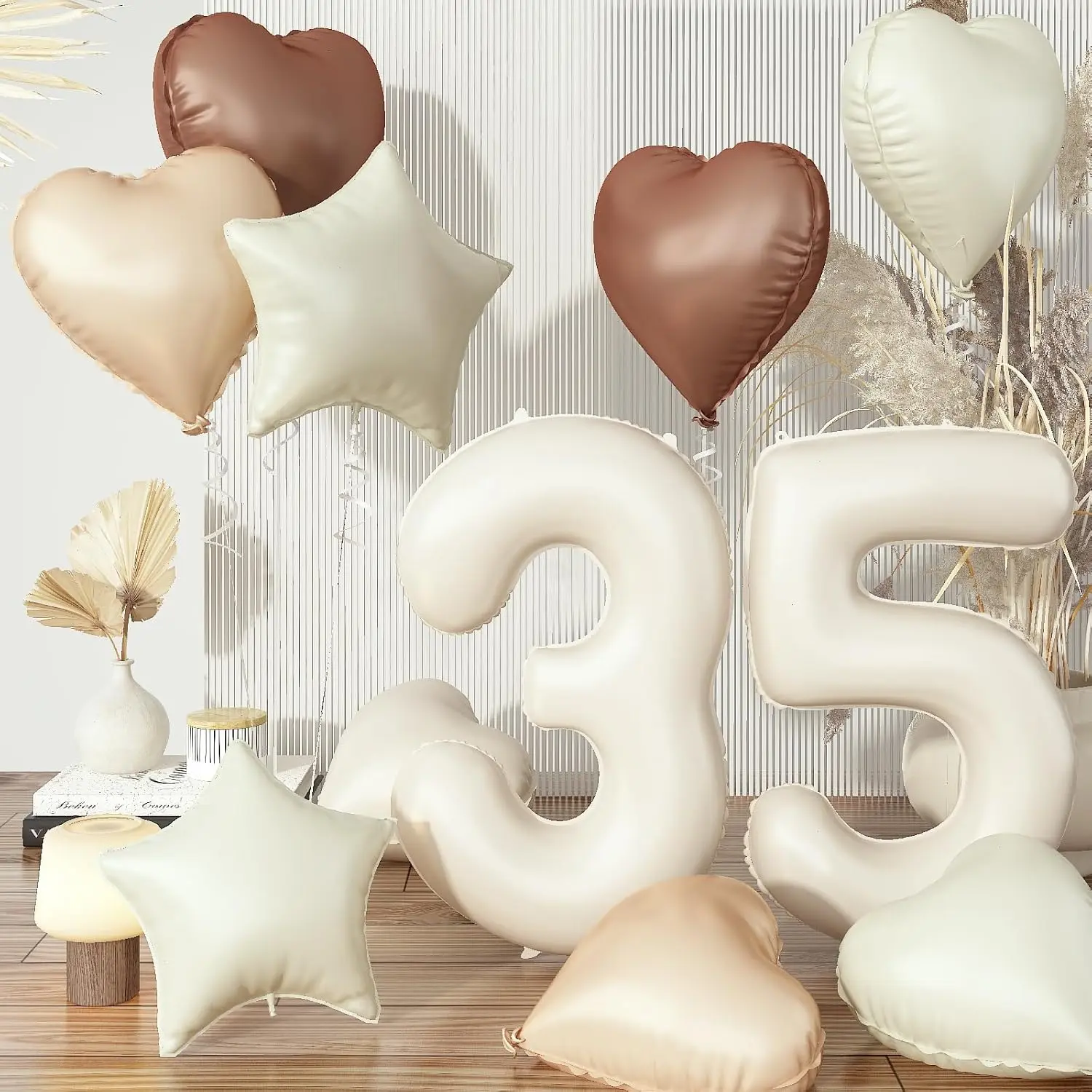 35th Birthday Balloon Set Cream & Brown Number 35, Heart & Star Balloons for Women’s Party