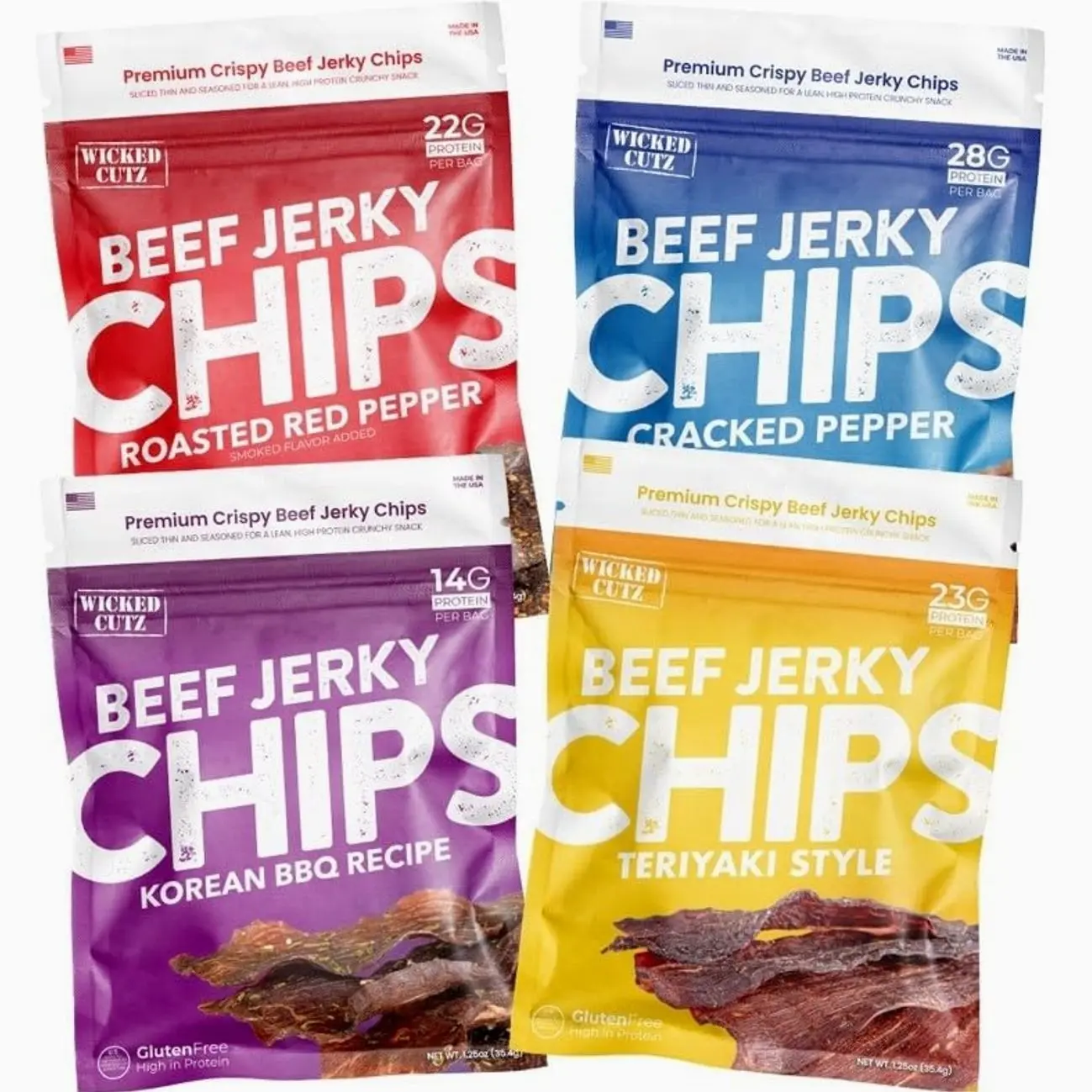 Wicked Cutz Jerky Chips Variety Pack, Up to 28g Protein Per Bag, Cracked Pepper, Teriyaki, Roasted Red Pepper, & Korean BBQ Flavored Beef Jerky Crisps, USA Made High Protein Carnivore Snacks (4 Bags)