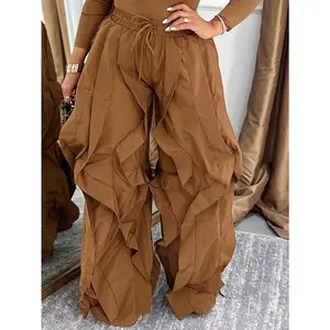GLOURI Women's Ruffled Wide-Leg Pants - Elastic Waist With Drawstring & Voluminous Layered Detail| Relaxed Bold Fit For Daily Outings, Weekend Hangouts & Casual Street Styling ( Silhouette & Comfortable Wear) For Effortlessly Chic Looks