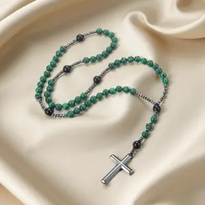 New Africa Turquoise Cross Rosary Tiger-eye Beads Vinatge Cross Pendant Long Sweater for Men and Women Boho Layered Choker Statement Piece