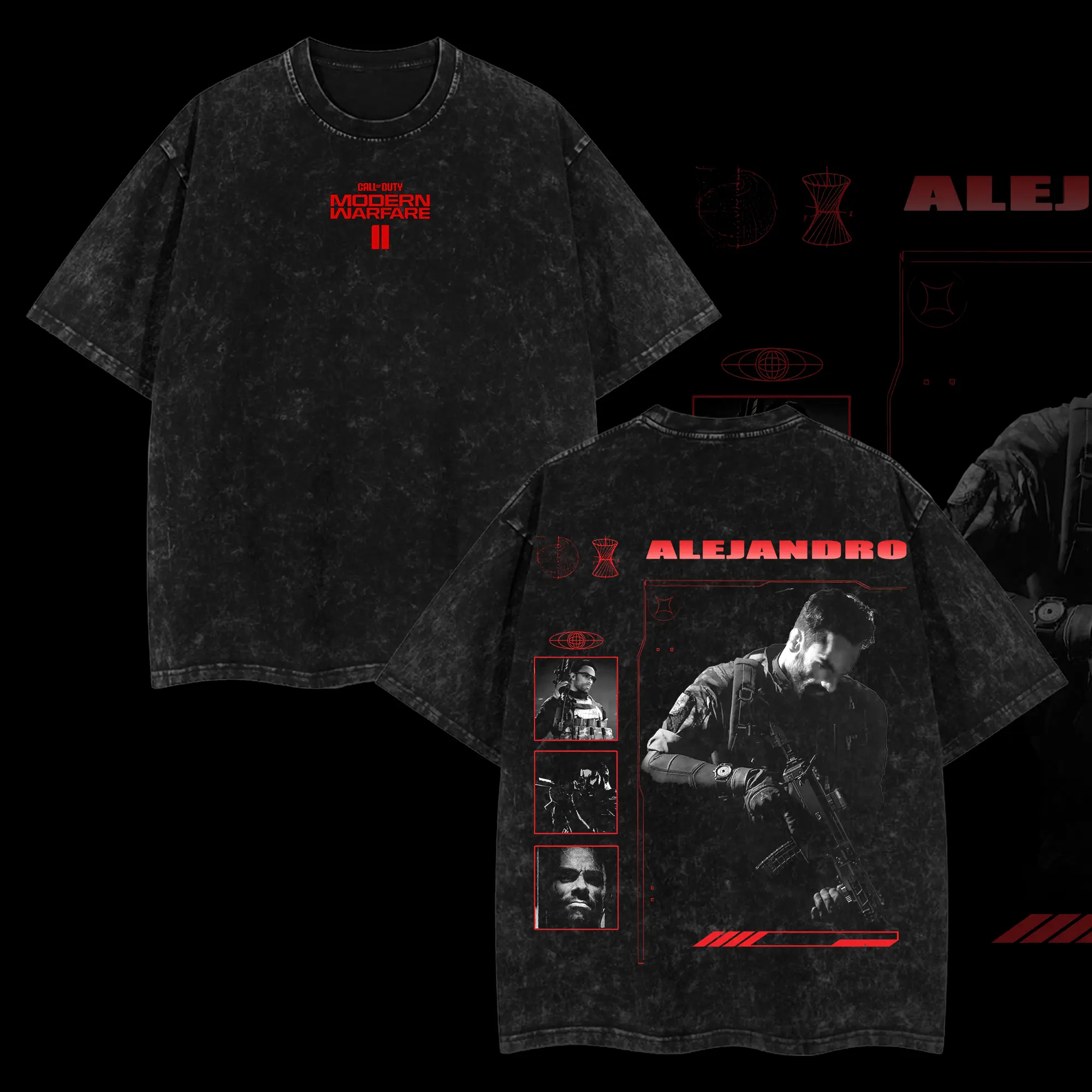 Alejandro Vargas COD Double Printed Oversize Lightweight Acid Washed Tee Game Graphic T-Shirt for Men Casual Day Wear Cotton Fabric - Jeans Vintage Gaming Retro Black Tee Oversized Heavyweight Cotton T-Shirts Love Menswear