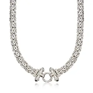 Classic Vintage Silver Byzantine Link Chain Necklace with Dual End Cap Spring Ring Clasp, Silver-Plated Chunky Chain Necklace, Fashion Jewelry, Unisex