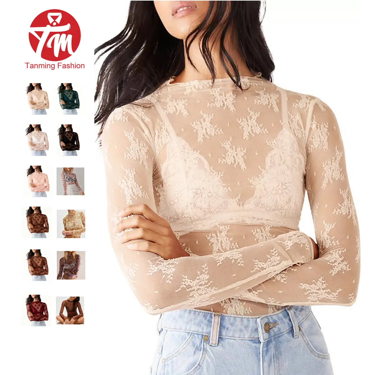 Tanming Women's Long-Sleeve Mesh Lace Blouse, Lady's Casual Fashion Fitted See-Through Top with Premium Fabric, Ideal for Party, Spring-Summer Outfits #SpringStatements