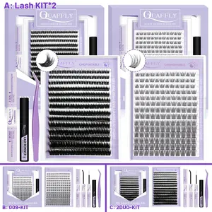 A：Mixed Length Eyelash Extension Kit, 1 Set Individual False Eyelashes with Tweezers & Glue, Natural Look Eyelash Extensions, Self Grafting DIY Eyelash Clusters/B:2DUO KIT /C:009 KIT