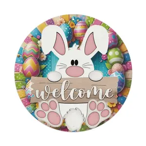 Easter Bunny Welcome Round Metal Sign | Colorful Spring Decor with Eggs for Home & Porch | 8×8 inches