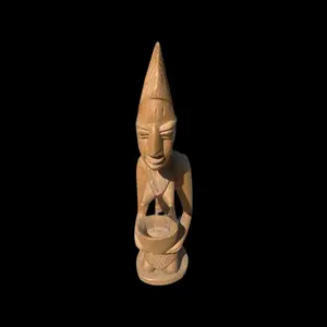 Hand-Carved Yoruba Bowl Statue - Wooden Ritual Offering & Spiritual Decor Santería Orisha
