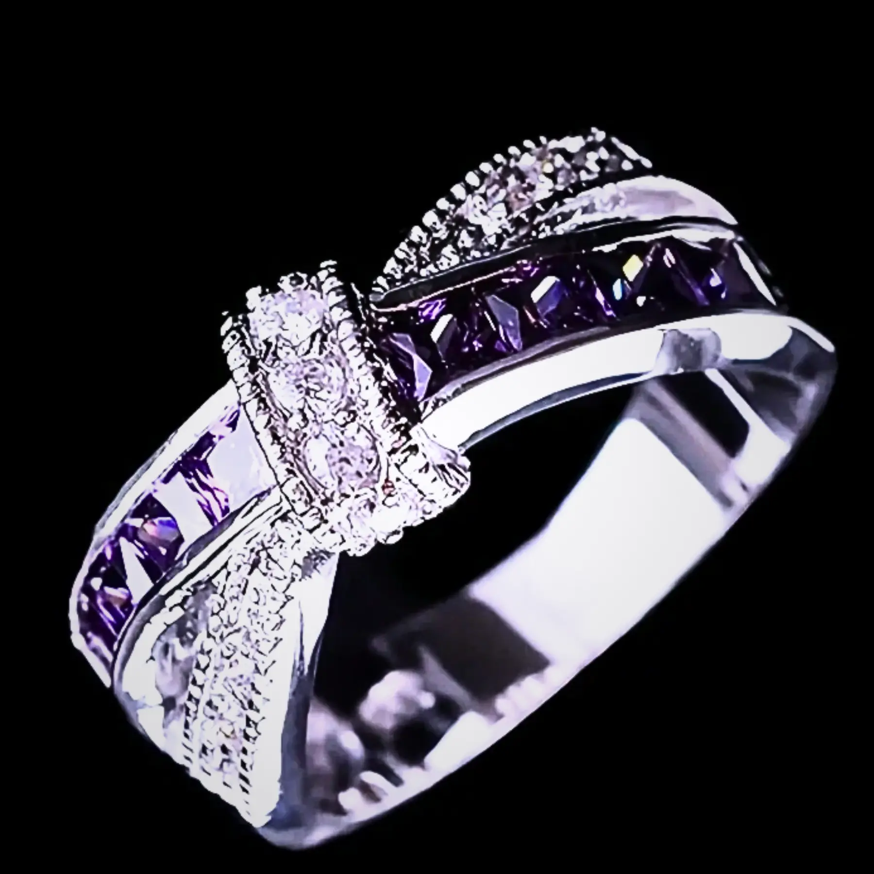 Luxury Purple Rhinestone Bow Ring, Elegant Women's Statement Jewelry For Wedding, Date & Party Wear