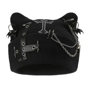 Women's Gothic Grunge Edgy Cat Ear Bat Wing Black Knitted Beanie Hat, Harajuku Punk Cross Chain, Winter Warm Chic Streetwear Sports & Outdoor Hat