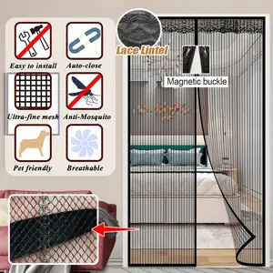 Magnetic Sliding Door Curtain with Mesh Screen Panel and Lace Top, No Drilling Installation, Suitable for Bedroom Living Room Balcony