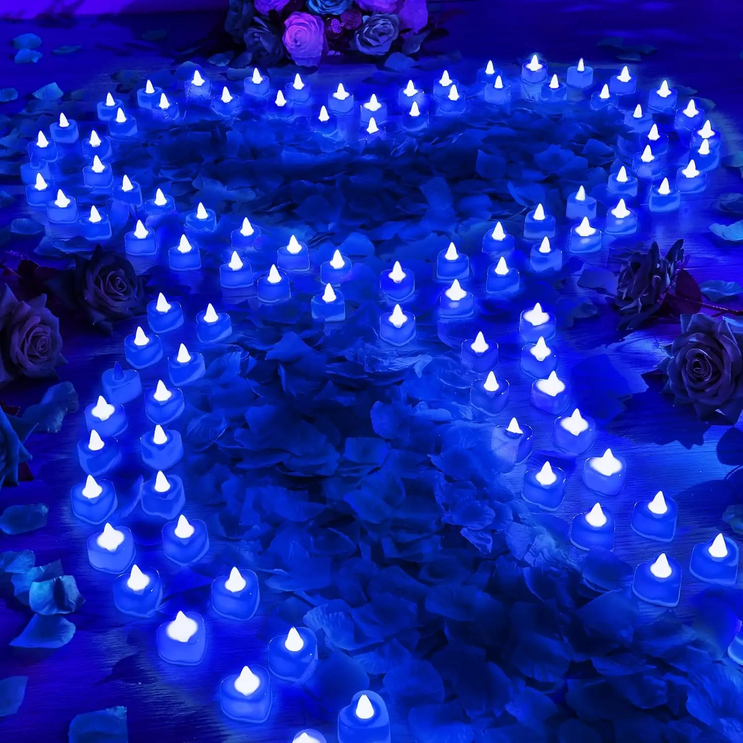 120 Pcs 4cm x 3.5cm Plastic Battery-Operated Reusable LED Heart-Shaped Candles Set with 6000 Rose Petals, Blue-Accented Cordless Night Light, Special Day Table Centerpiece for Valentine's Day Wedding Aisle Cake Accents (Batteries Required), Indoor