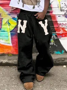 Men's Ny Graphic Print Loose Fit Sweatpants, Retro Street Style Wide Leg, Casual Wear for Daily and Party