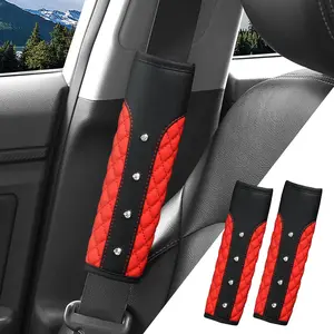 Bling  Seat Belt Cover, 2 count Soft Breathable Leather Safety Seatbelt  Strap Covers, Rhinestone Seat Belt Pads for Women Girls, Universal for SUV, , RV (Red)