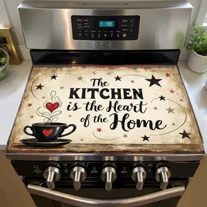 1pc, 2D/Flat Stove Top Cover for Electric Stoves - "Kitchen is the Heart of Home" Decorative Art Sign with Coffee Cup & Stars Design, Heat-Resistant Ceramic Dish Drying Mat, Glass Cooktop Protector for Kitchen Decor, Stove Cover, Cozy Home Accent