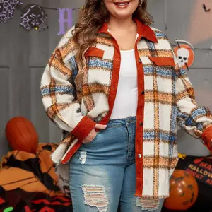 Brown Stripe Plus Size Plaid Print Collared Buttoned Jacket