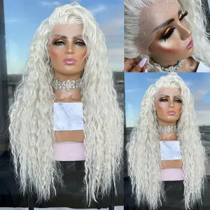 Platinum Ash white loose curly Lace Front Wig 13x4 HD Transparent Pre-Plucked synthetic lace front wig platinum blonde long curly hair for women For Daily Party Use